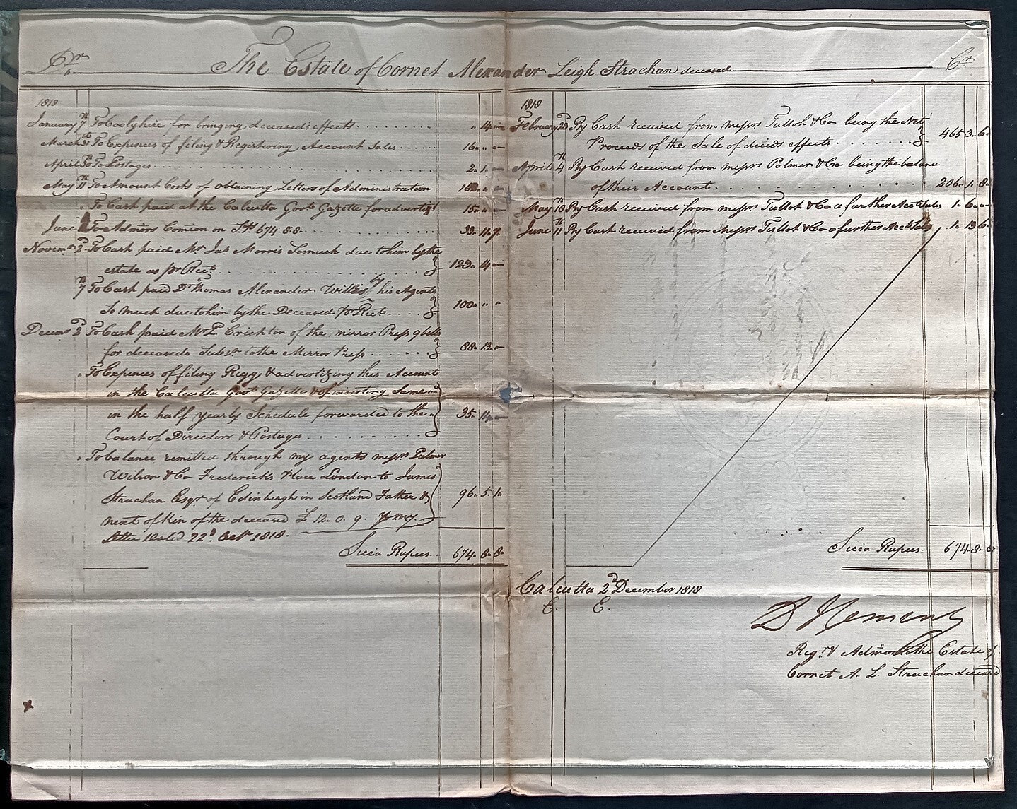 India King George IIII 1818 Fort William, Calcutta 2 page document