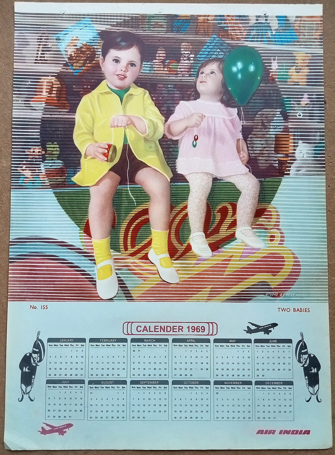 AIR INDIA 1969 poster calender 155 - TWO BABIES - STUDIO : S. V. VARAS - R