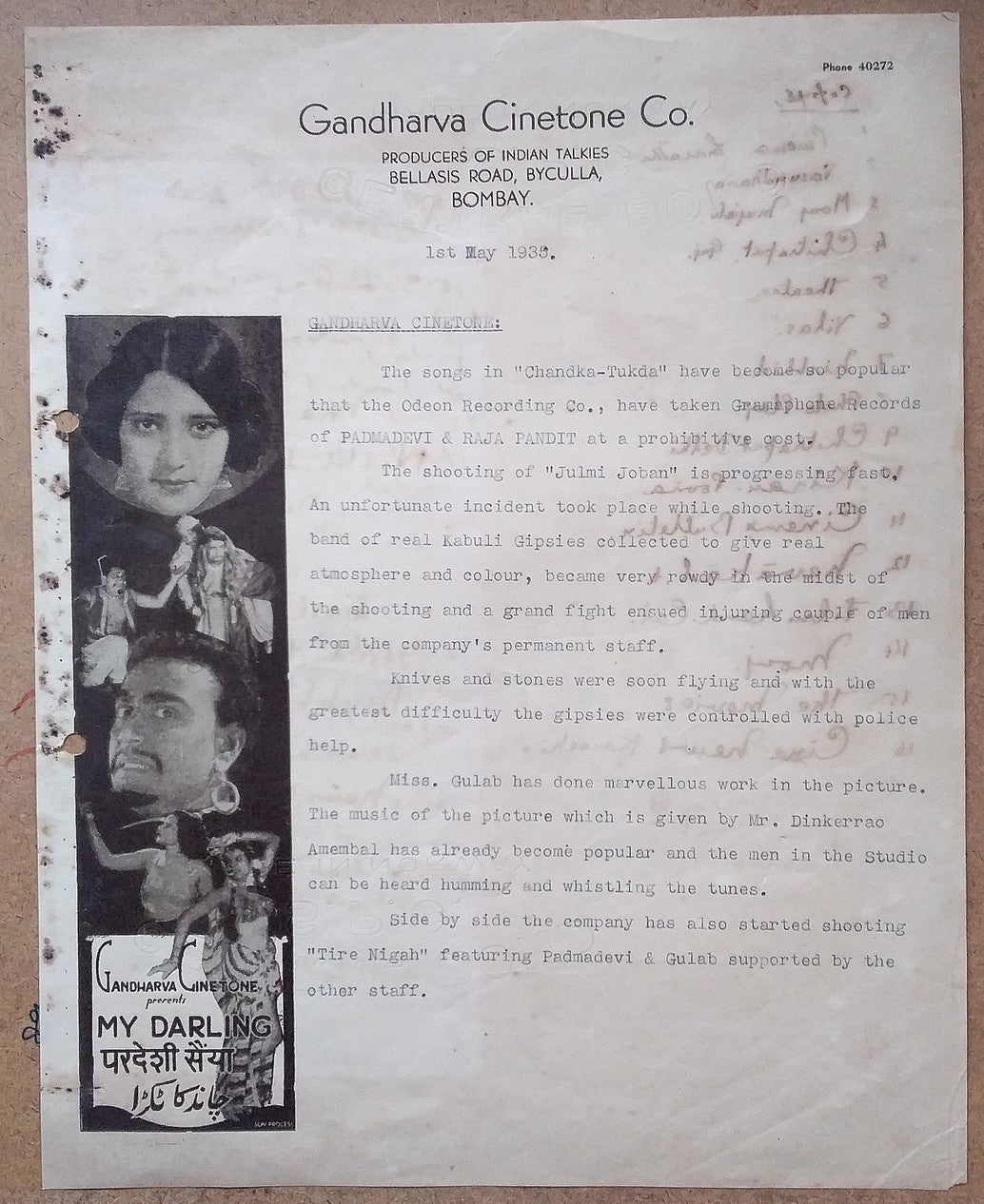 India Bollywood 1938 illustrated letterhead of MY DARLING of Gandharva Cinetone