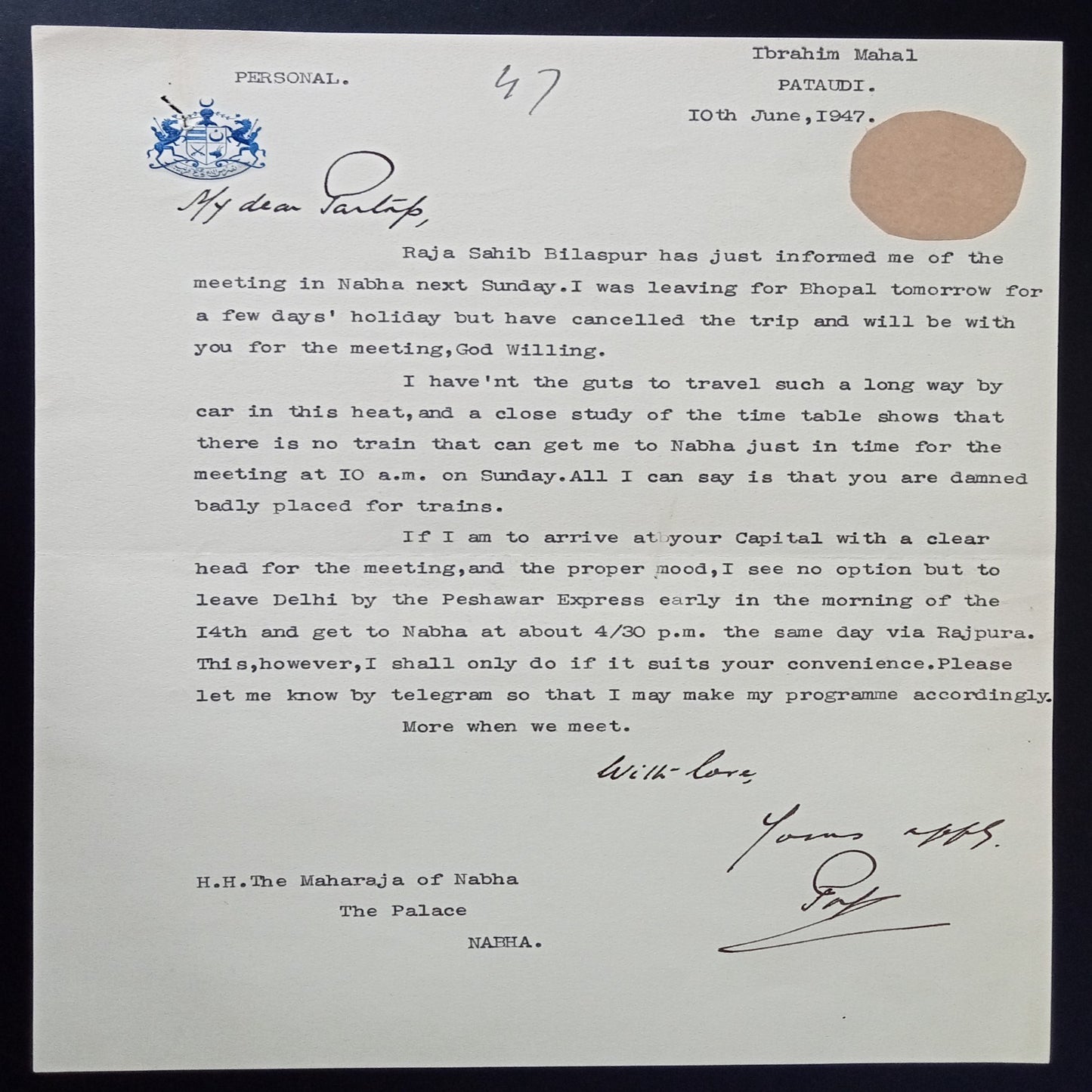 India 1946 letter signed Nawab of Pataudi with State crest / Coat of Arms