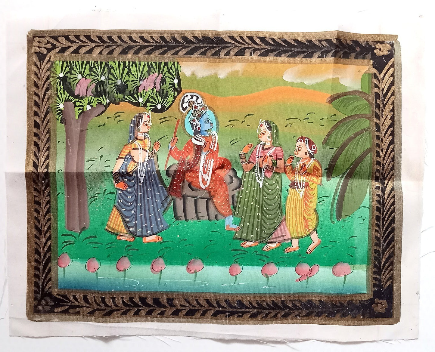 India vintage hand painting on cloth RADHA & KRISHNA 10 x 13 inches