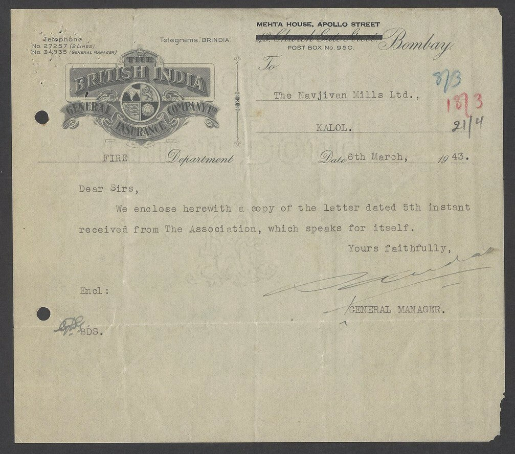 India 1943 illustrated letterhead British India General Insurance Co. Bombay