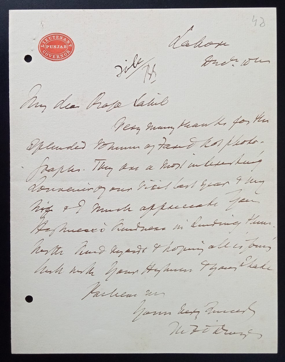 India letter signed Lt. Gov. Sir O'Dwyer with LIEUTENANT GOVERNOR PUNJAB crest