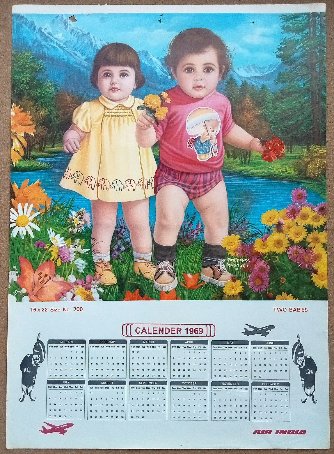 AIR INDIA 1969 poster calender 700 - TWO BABIES - ARTIST : YOGENDRA RASTOGI - R