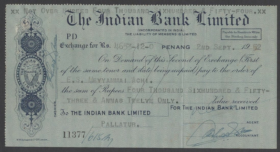 Malaya The Indian Bank Ltd. Penang 1952 cheque check