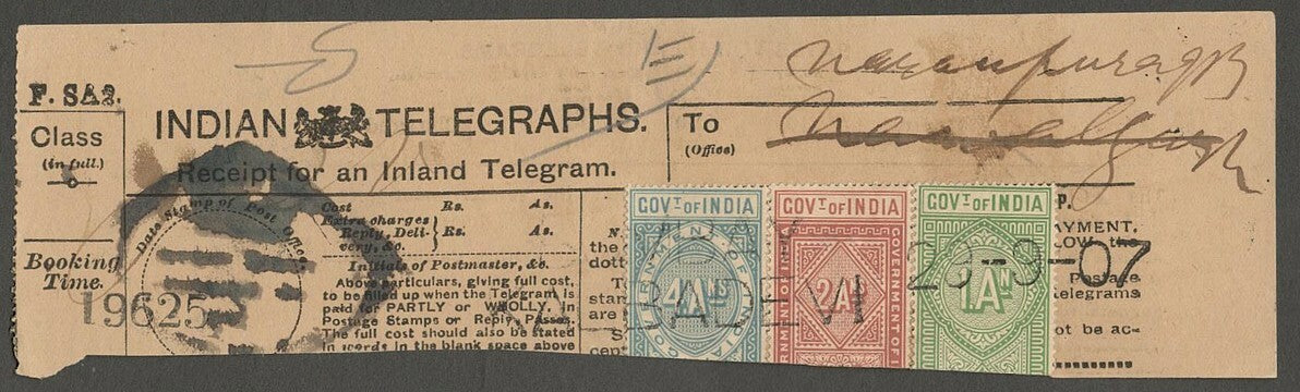 AOP India Telegraph stamps on 1907 BY- KALBADEVI Telegraph receipt