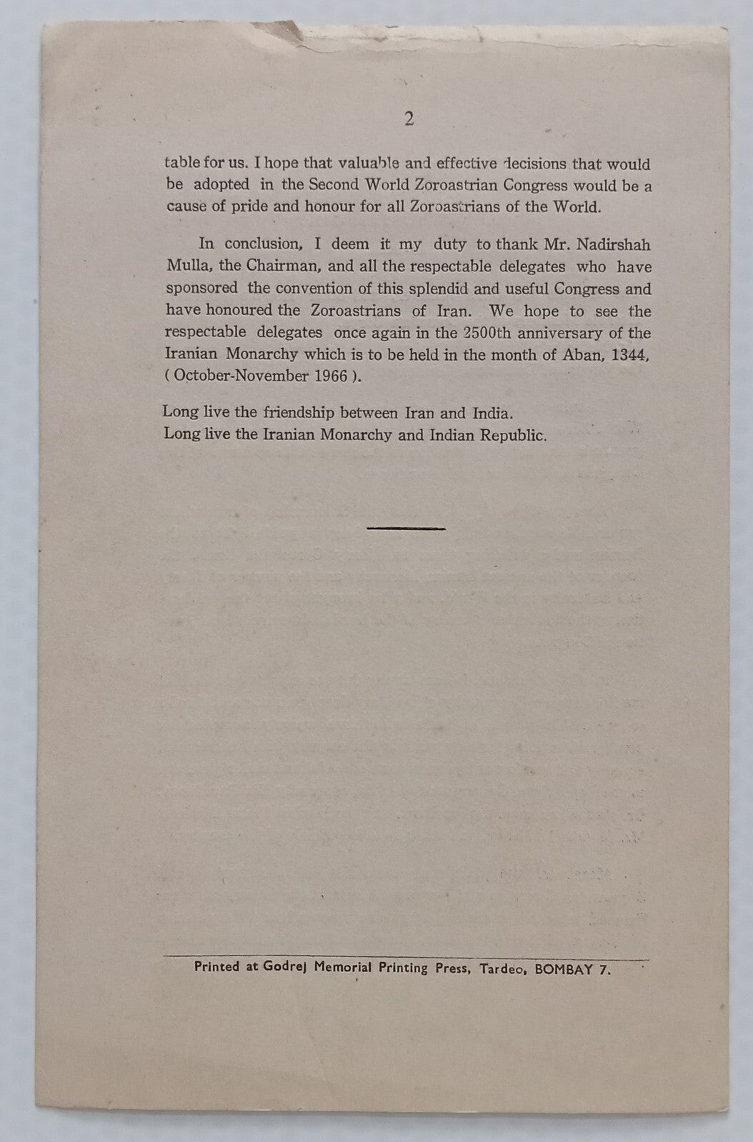 AOP 2nd World Zoroastrian Congress 1964 speech 10pgs - India Parsee