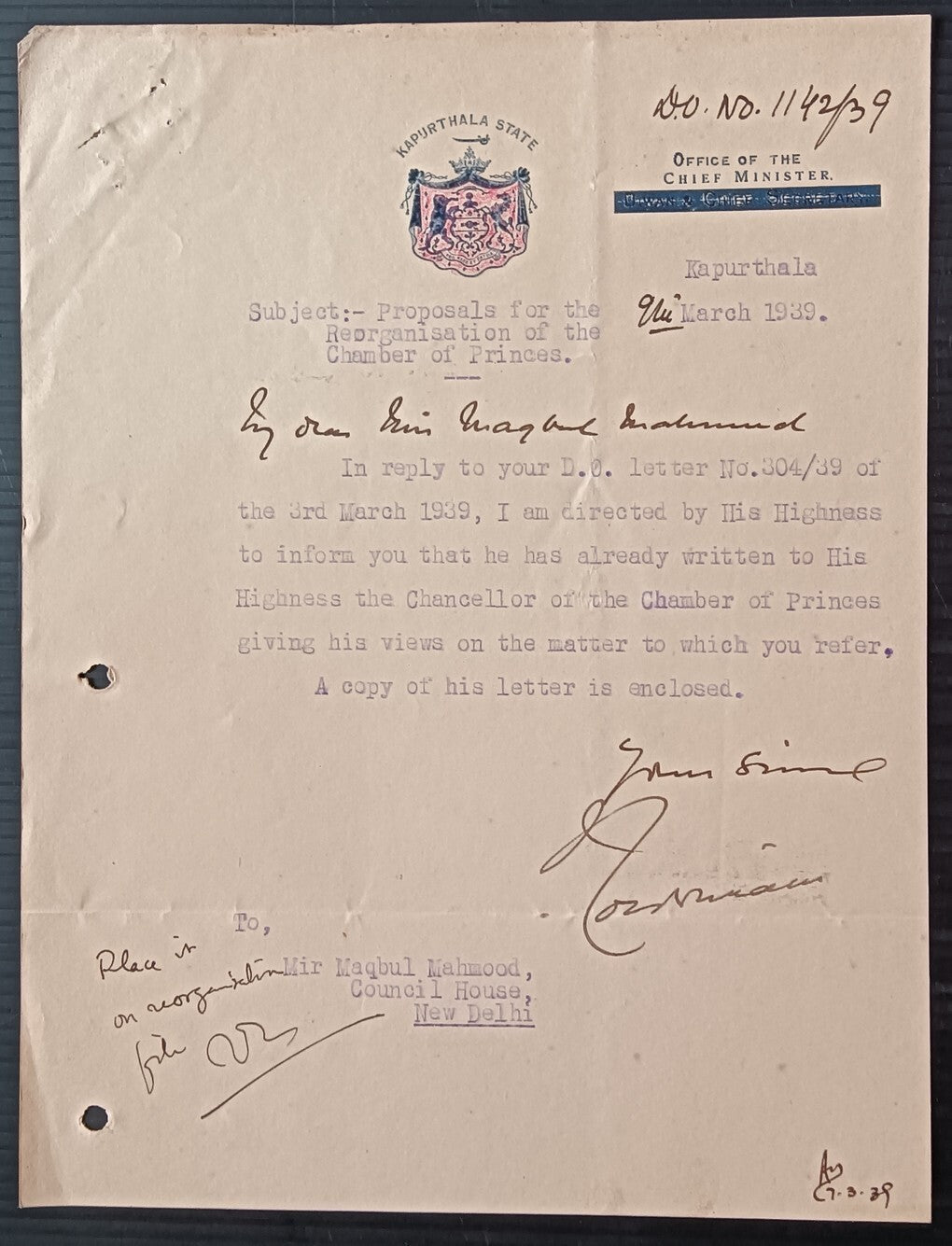 India KAPURTHALA STATE 1939 multicolour crested letter