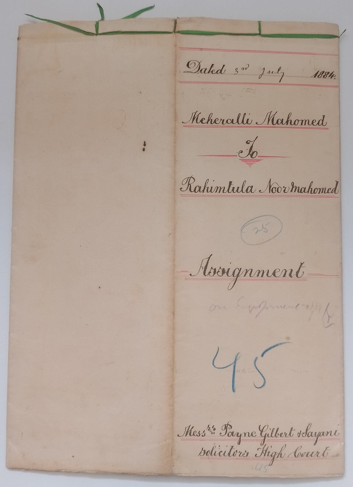 AOP India QV Queen Victoria 1868 Special Adhesive 5R on 1884 indenture 3 pgs