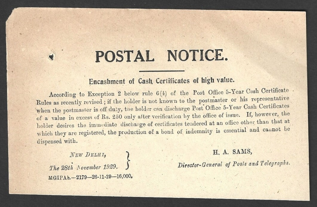 India 1929 POSTAL NOTICE Encashment of Cash Certificates of high value