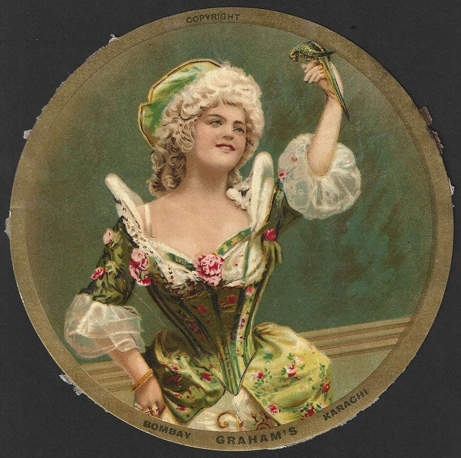 India vintage textile dye litho label Graham's, Bombay Karachi - WOMAN WITH PARR