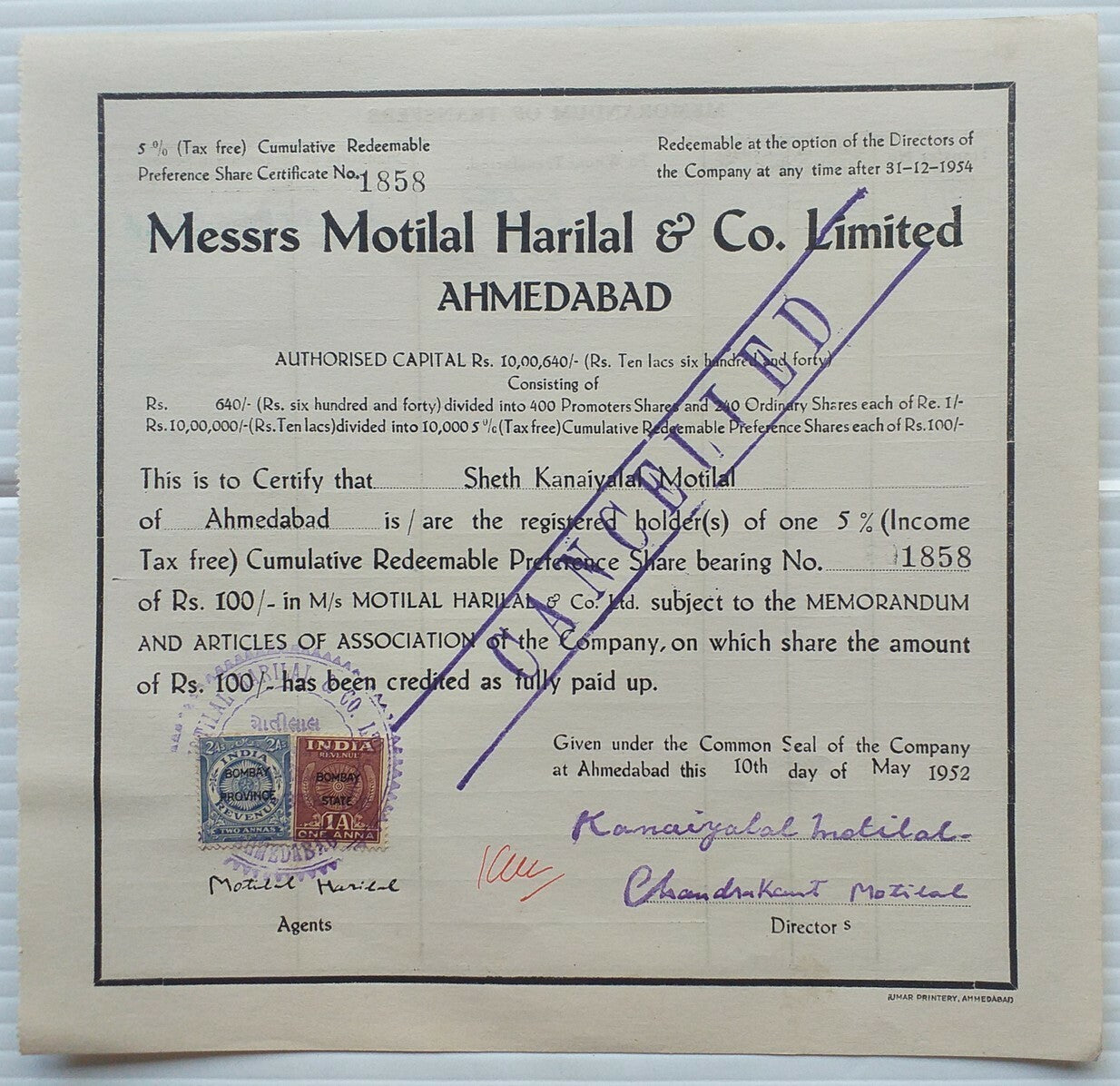 India 1952 Messrs Motilal Harilal share certificate