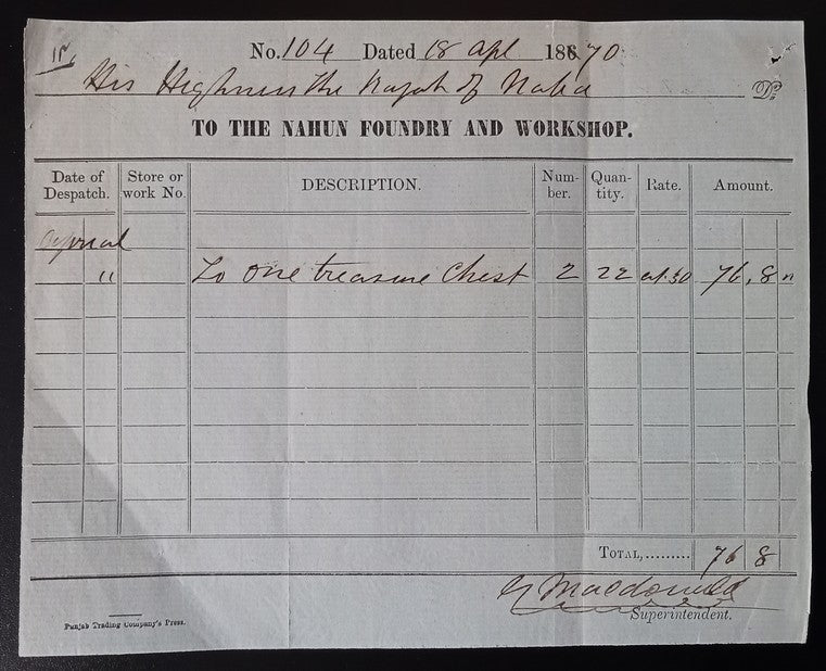 India Nabha Foundry & Workshop 1870 receipt : 1 treasure chest for the Maharaja