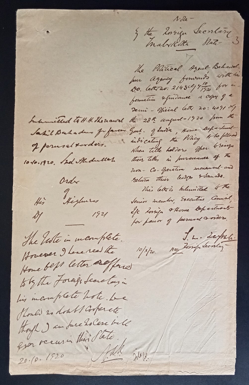 India 1922 Official correspodence about the Non Cooperation Movement