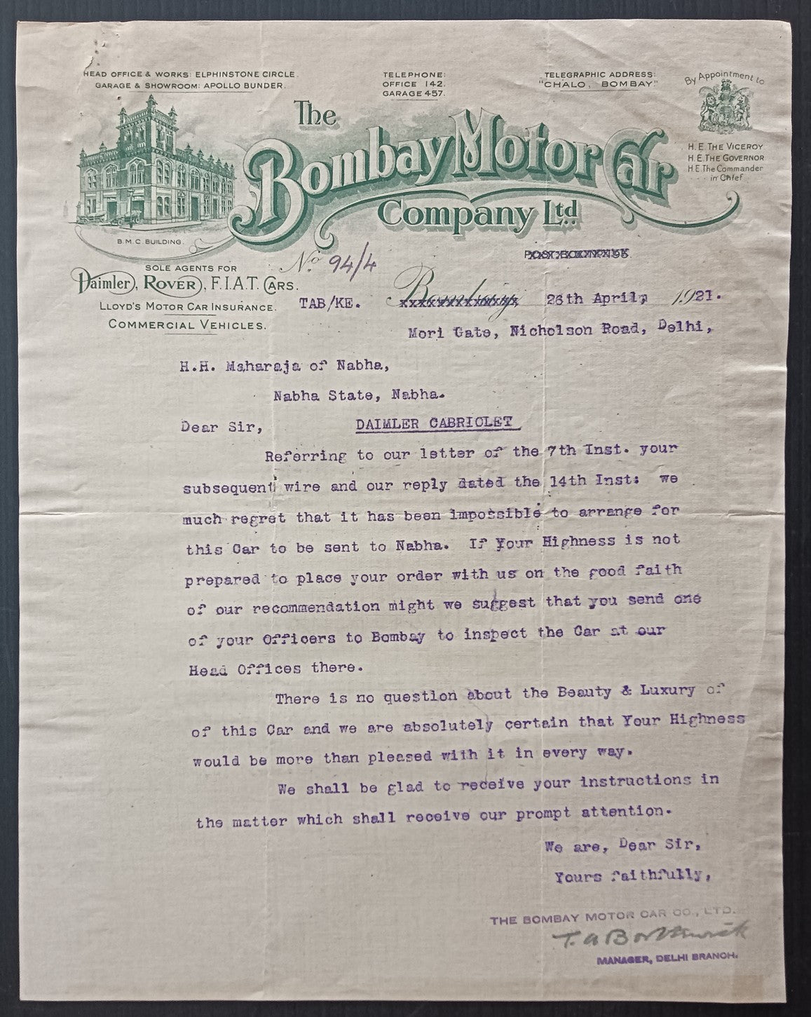 India 1921 THE BOMBAY MOTOR CAR CO. LTD. illustrated letterhead