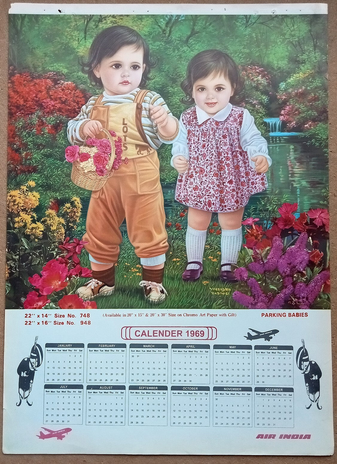 AIR INDIA 1969 poster calender 948 - PARKING BABY - ARTIST : YOGENDRA RASTOGI -
