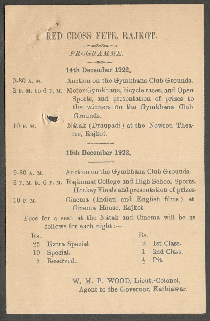 AOP India 1922 Red Cross Fete & Sports, Rajkot programme
