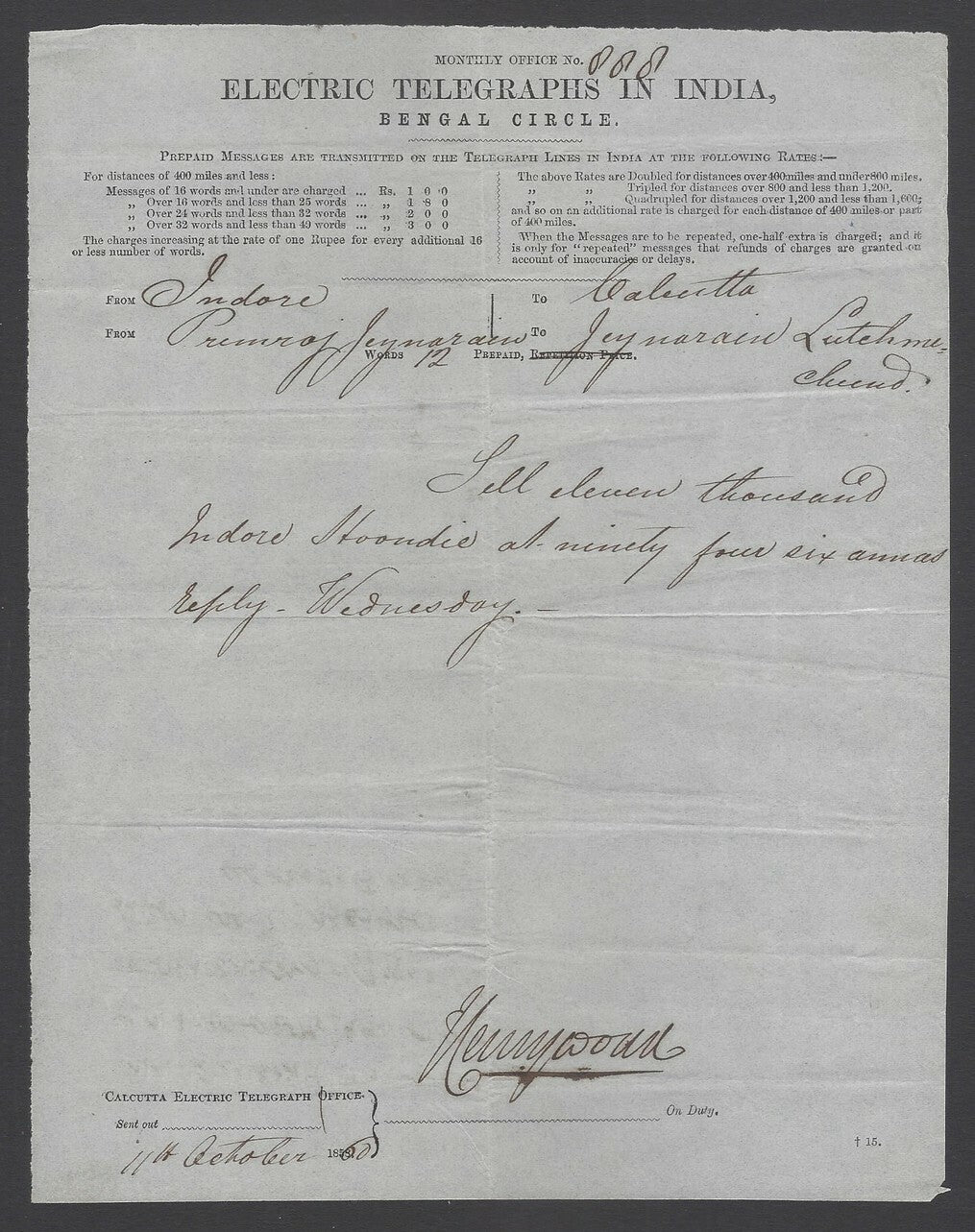AOPIMT India 1860 Electric Telegram, Bengal Circle