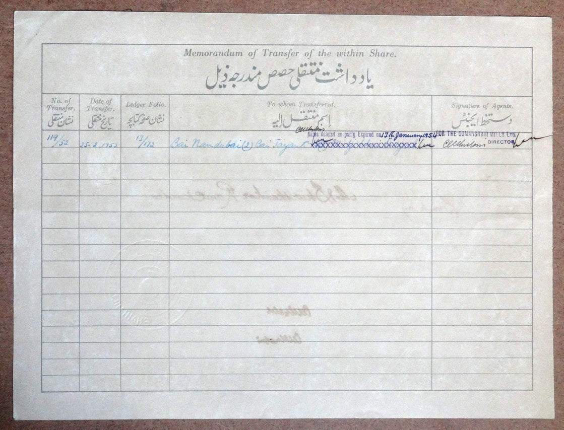 India Hyderabad State 1950 impressed revenue on 1950 OSMANSHAHI MILLS share