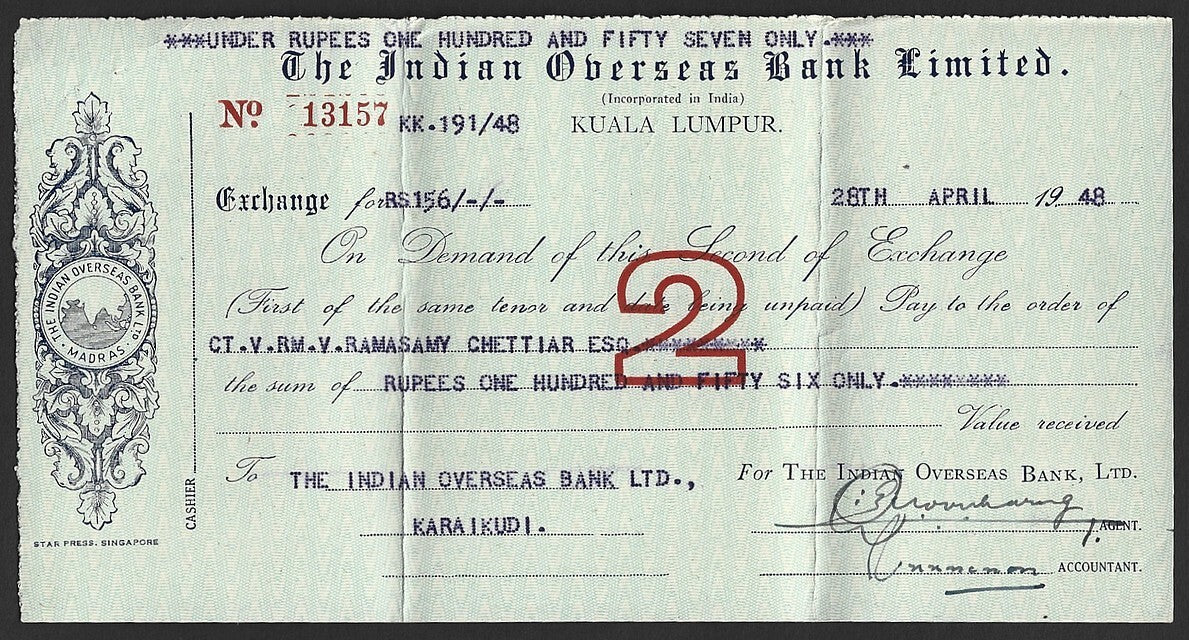 Malaya Indian Overseas Bank, Kuala Lumpur 1948 check cheque