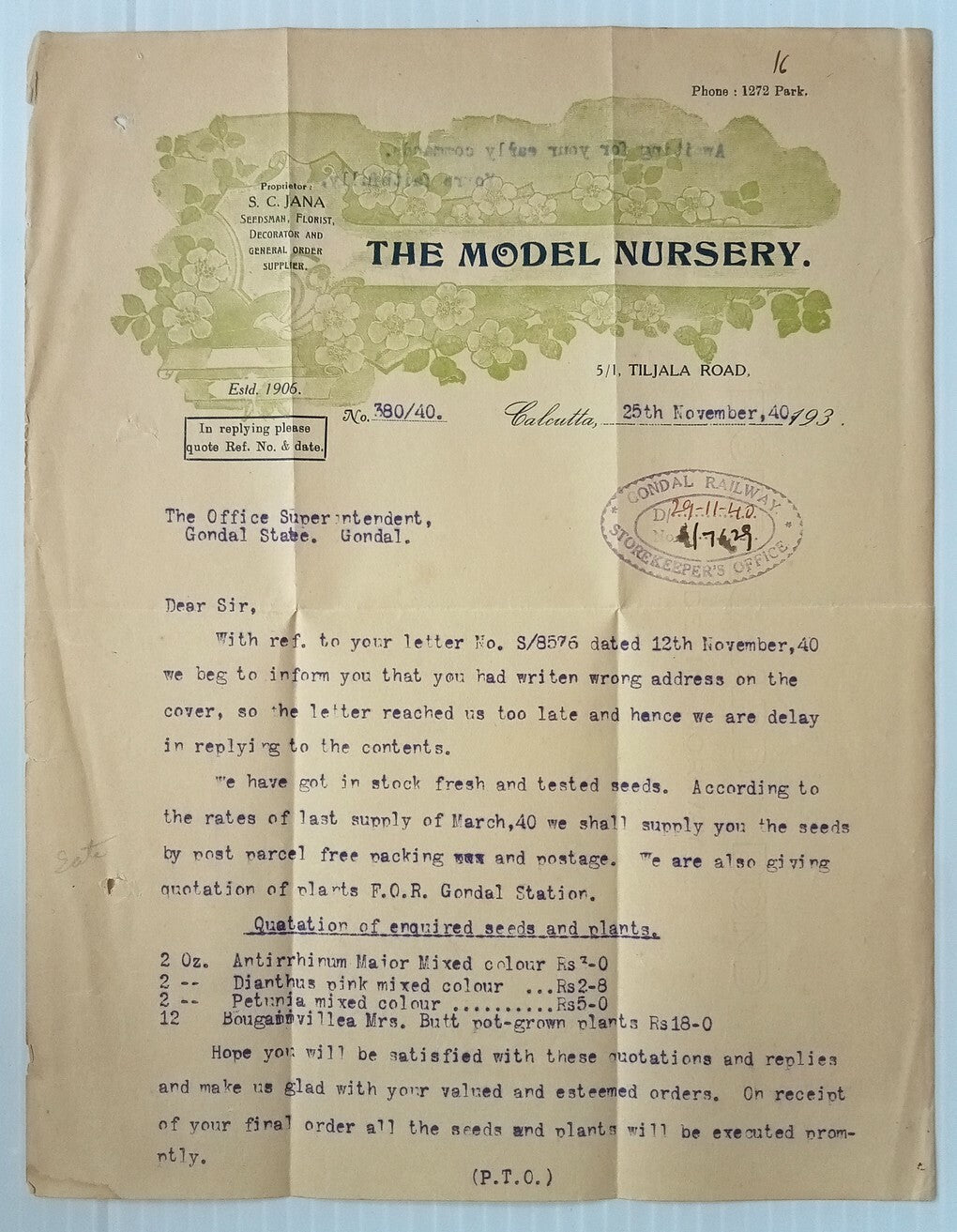 AOP The Model Nursery Calcutta 1940 illustrated letterhead India