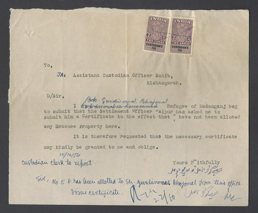 India revenues Custodian of Evacuee Properties document wi 1948 CUSTODIAN FEES
