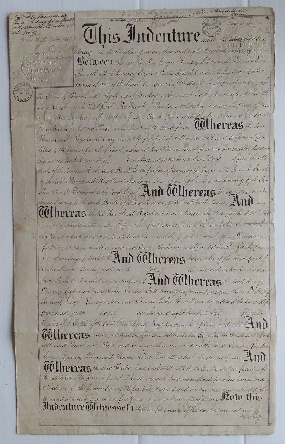 India 1870 document with 100R & 200R embossed revenues Mollah/Blatt Type 4
