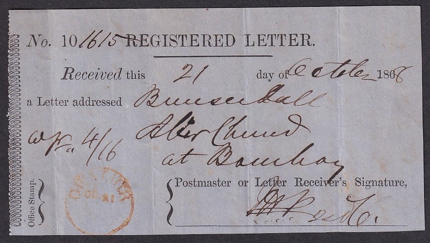 India 1868 REGISTERE LETTER receipt canc. red sc