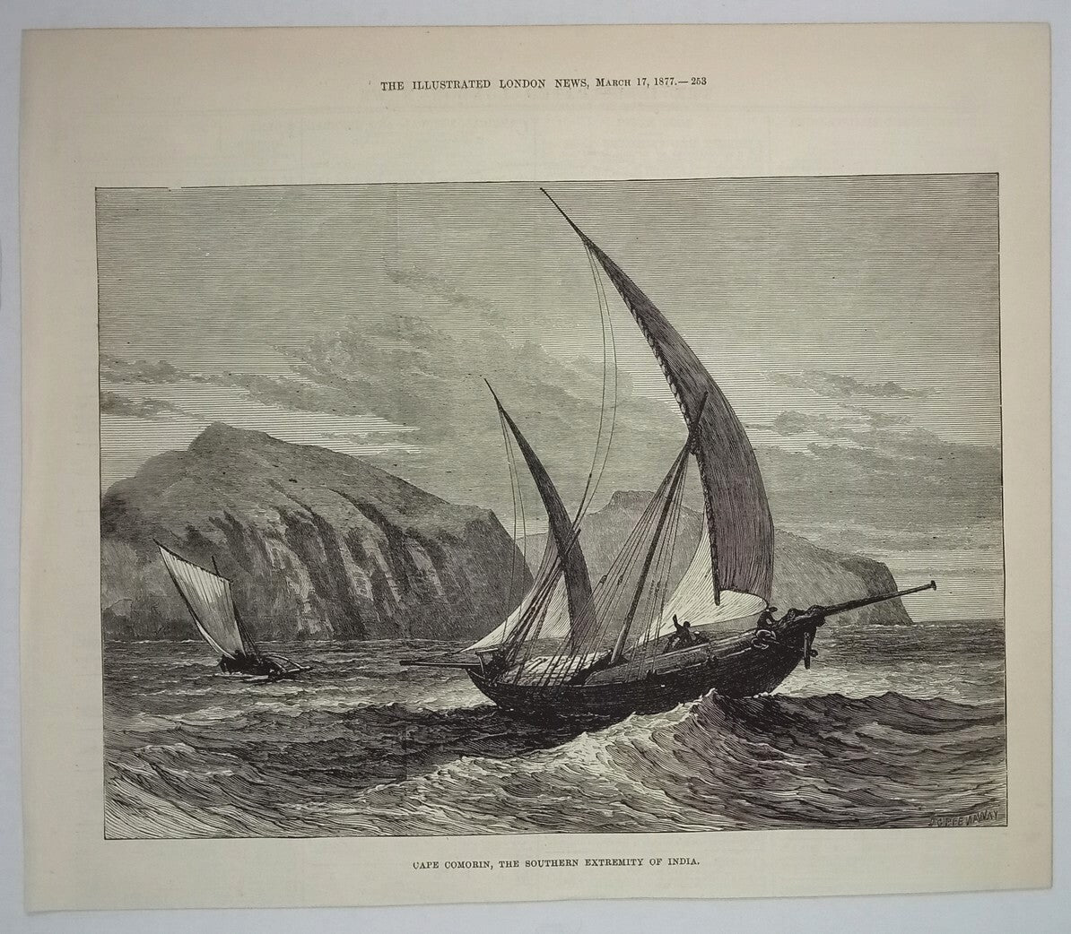 Illustrated London News 1877 print CAPE COMORIN THE SOUTHERN END OF INDIA (BOAT)