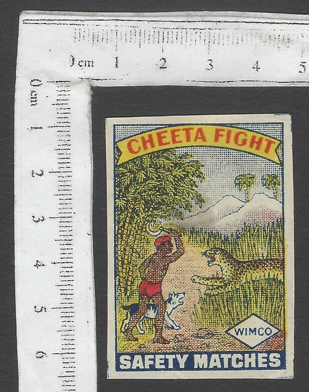 AOP India vintage matchbox label Cheeta Fight by WIMCO