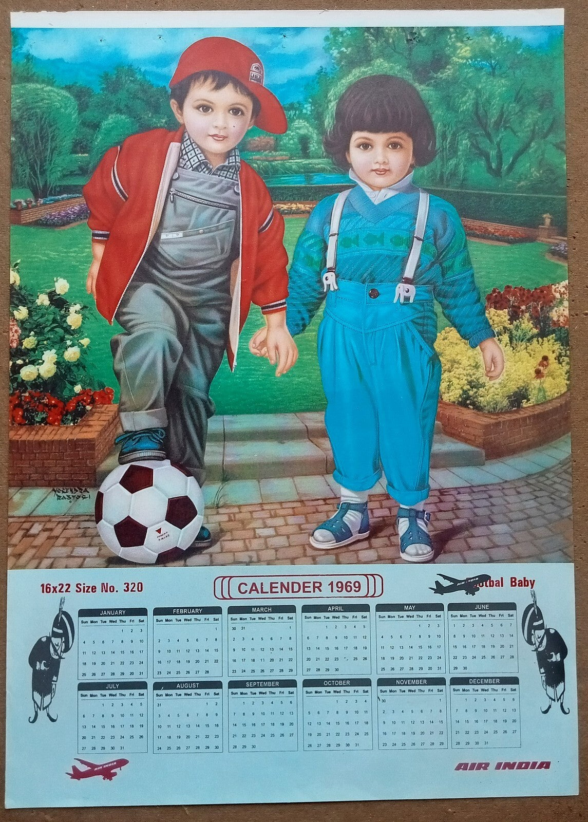 AIR INDIA 1969 poster calender 320 - FOOTBALL BABY - ARTIST : YOGENDRA RASTOGI