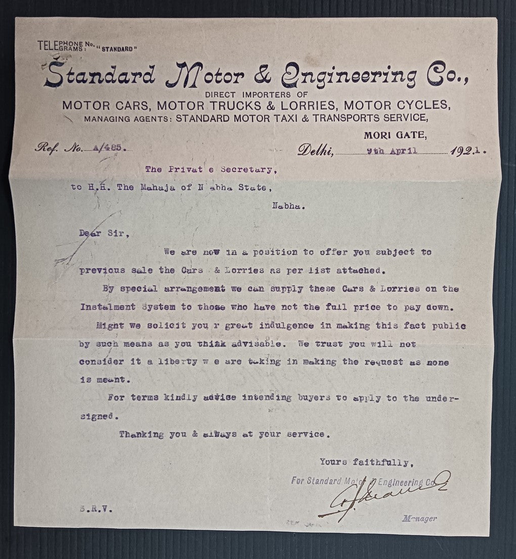 India 1921 Standard Mator CARS, TRUCKS, MOTOR CYCLES advertisement letterhead
