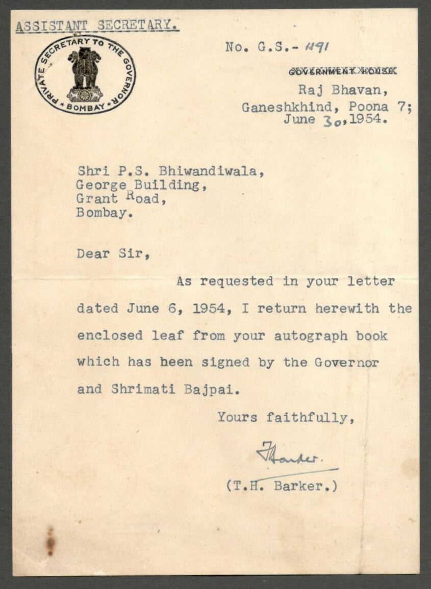 AOP India 1954 letter with PRIVATE SECRETARY TO THE GOVERNOR BOMBAY crest