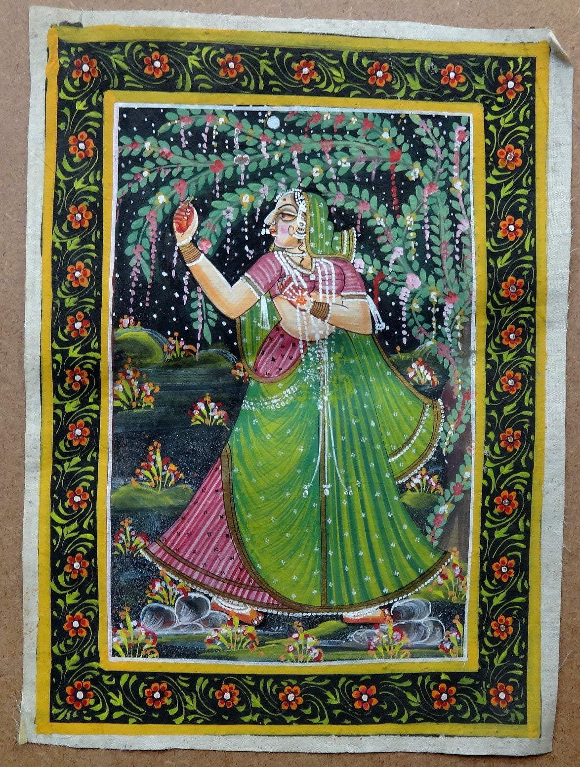 Radha dancing handpainted on cloth 21x28cm India Hindu Art