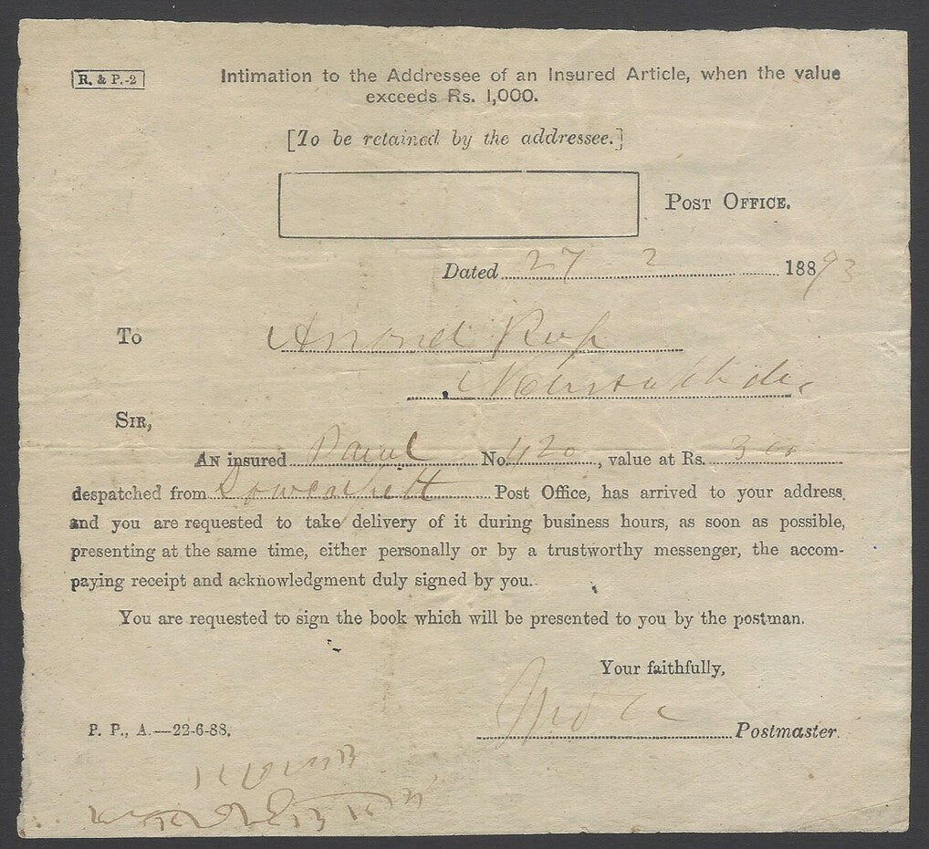AOPIMT India 1889 INTIMATION TO AN ,,,, WHEN VALUE EXCEEDS RS. 1000