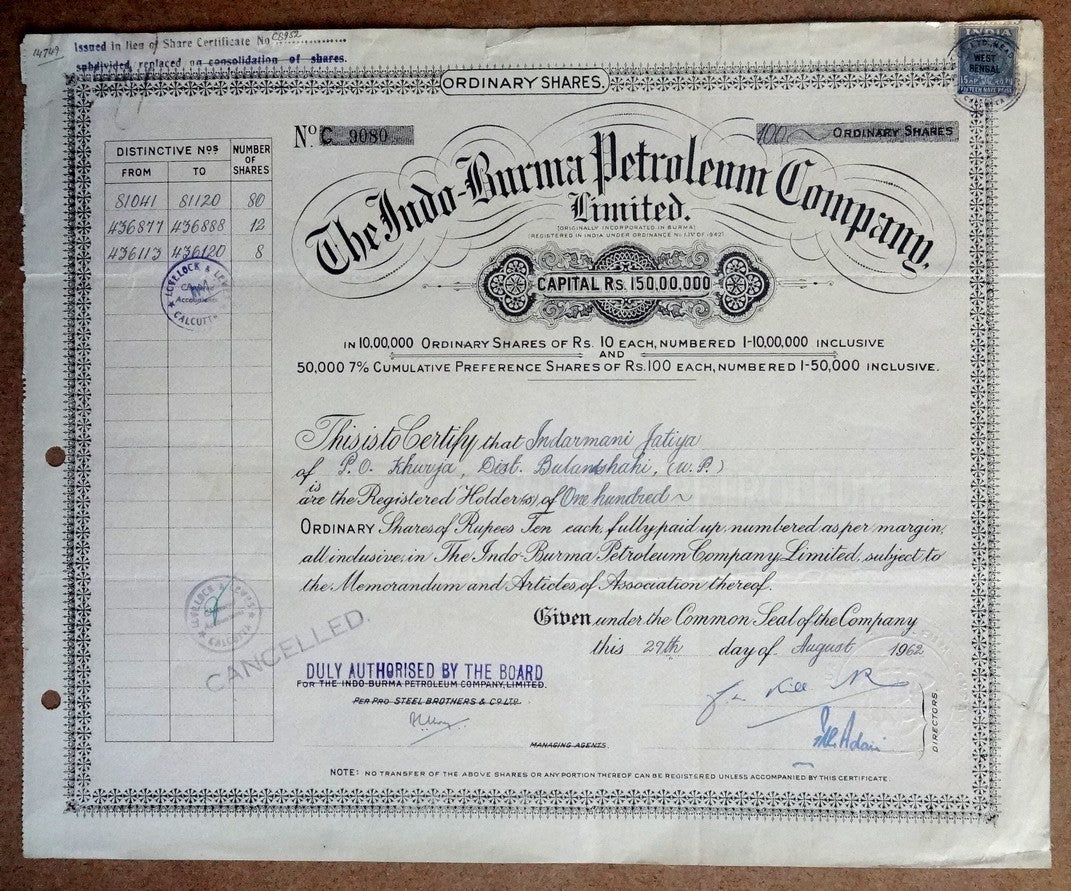 India 1962 The Indo Burma Petroleum Company, Ltd. share certificate
