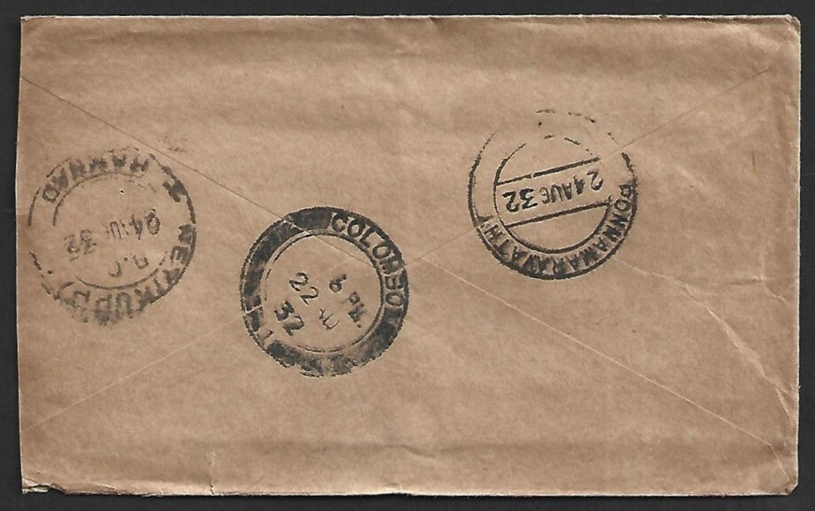 AOP India boxed "FOREIGN POSTAGE DUE/TWO ANNAS" on unpaid CEYLON cover 1932