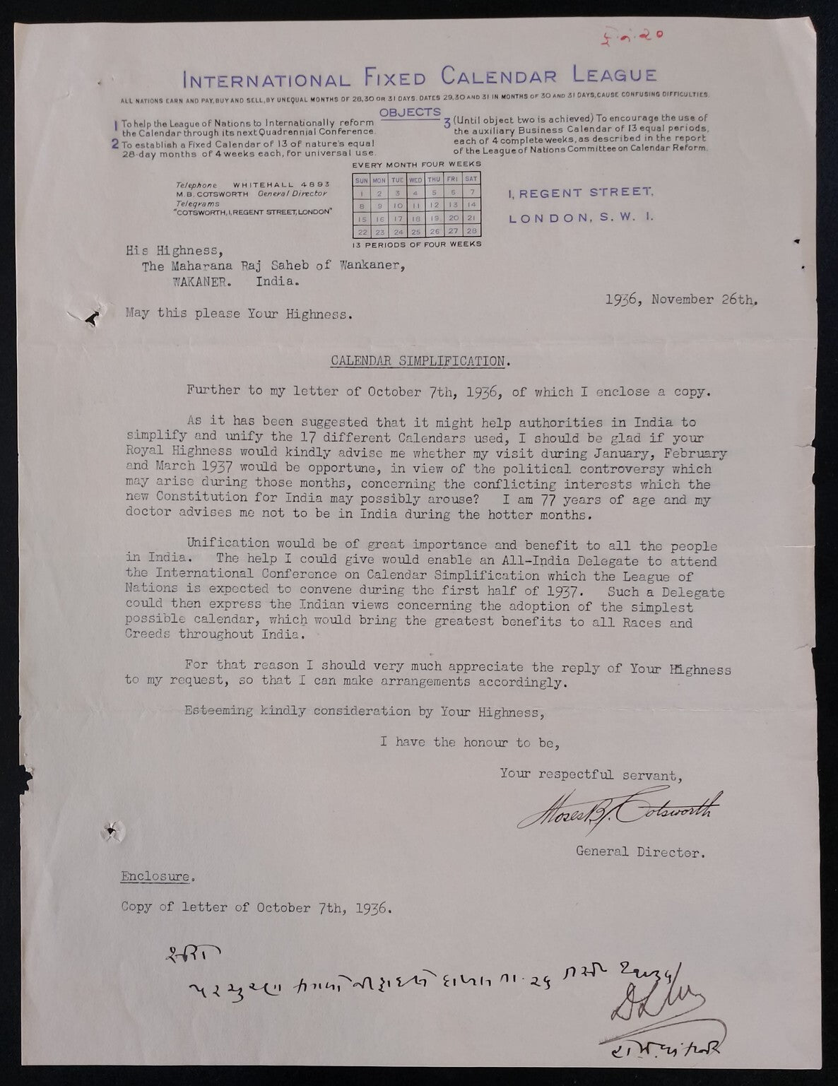 AOP India 1936 INTERNATIONAL FIXED CALENDAR LEAGUE proposal to Maharaja Wankaner