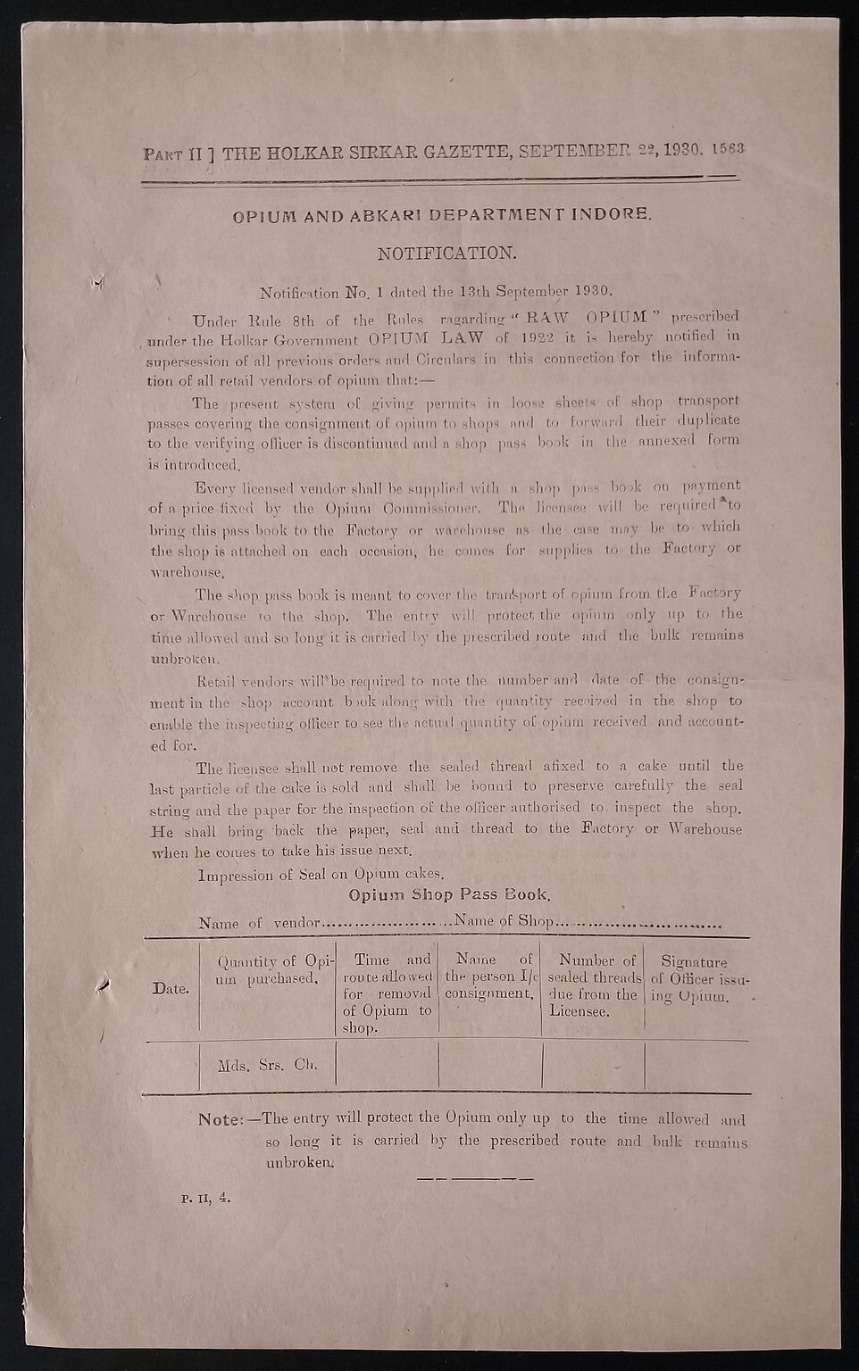 AOP India 1930 OPIUM Gazette notification