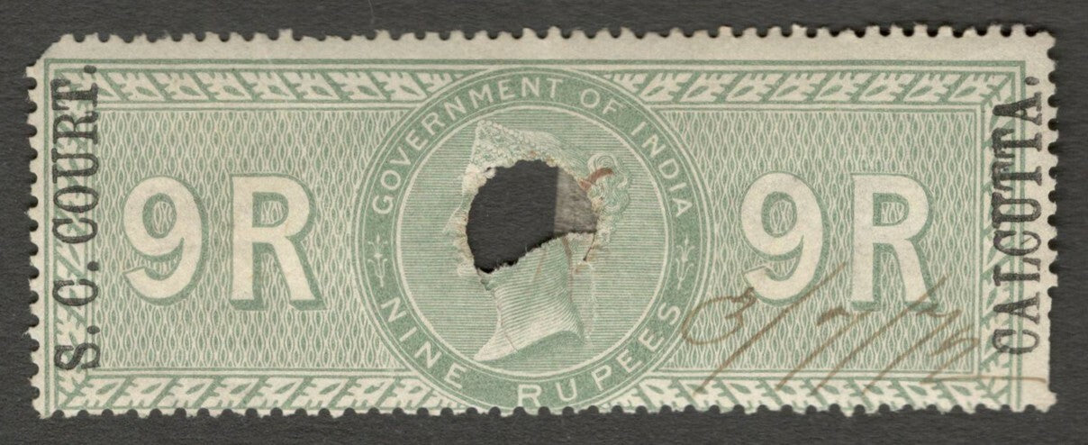 AOP India 1868-69 S C COURT CALCUTTA ovpt on SPECIAL ADHESIVE 9R used. Bft 70