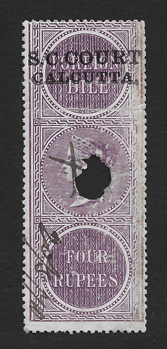 India SMALL CAUSE COURT CALCUTTA QV 1868 QV 4R on Foreign Bill used Barefoot #11