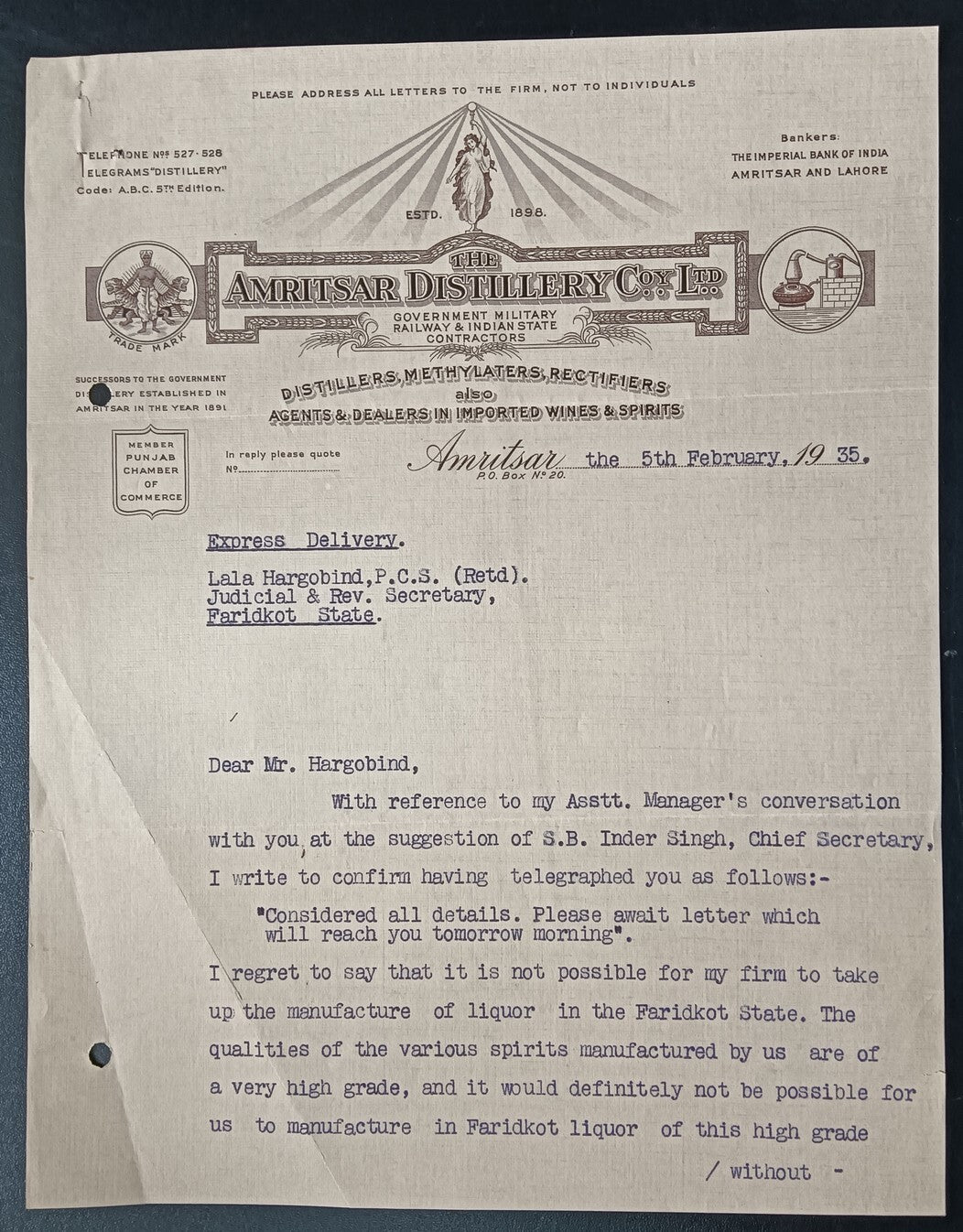 India 1935 THE AMRITSAR DISTILLERY CO. pictorial letter head to Lala Hargobind