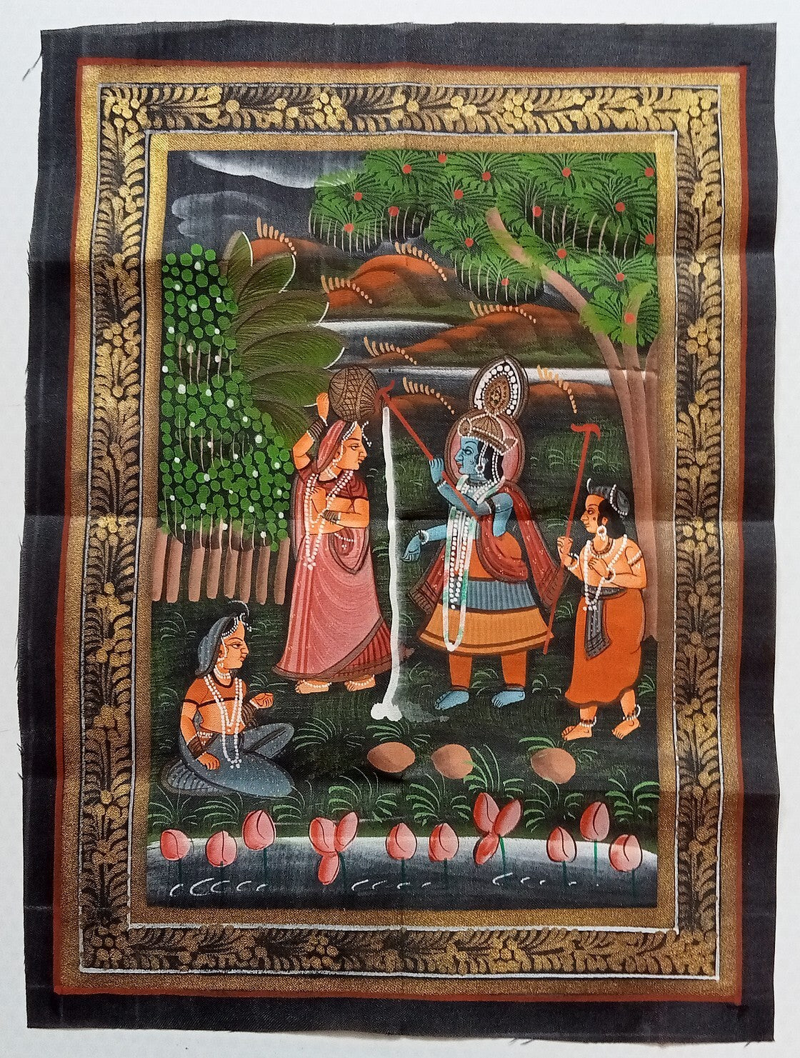 India vintage hand painting on cloth RADHA & KRISHNA 9 x 12 inches