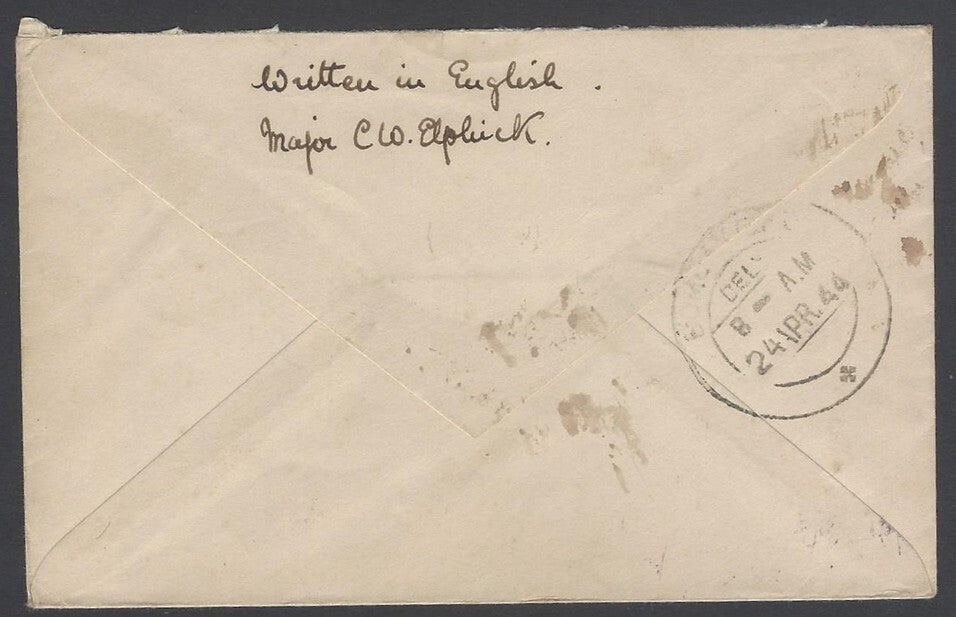 AOP India WW2 1944 On Active Service cover FPO 390 & 2 censors