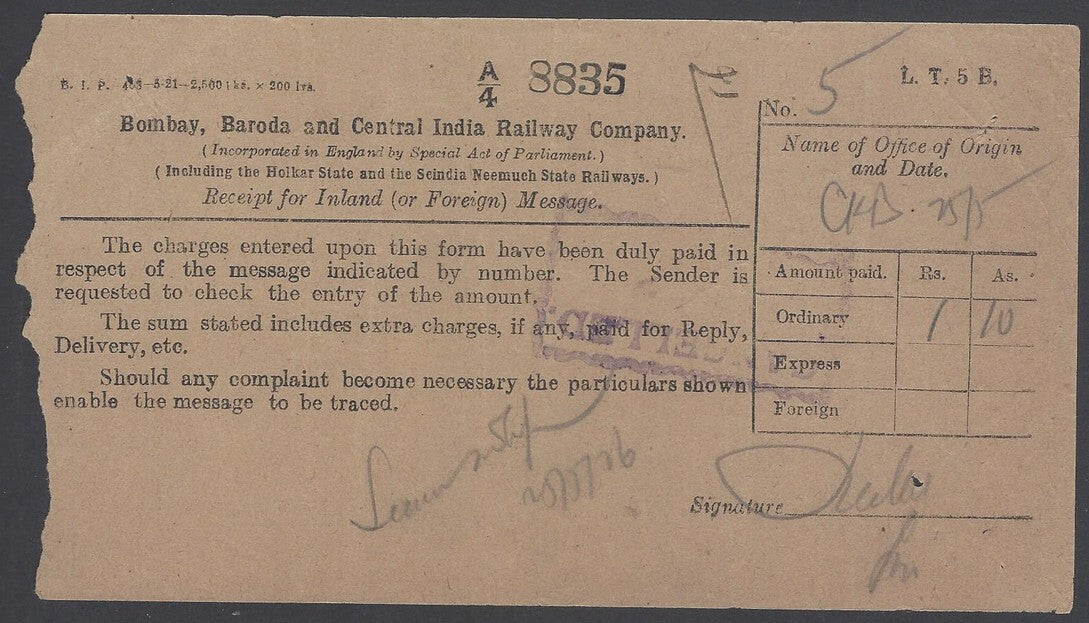 AOP India 1906 BB&CI BOMBAY BARODA & CENTRAL INDIA RAILWAY Telegraph receipt