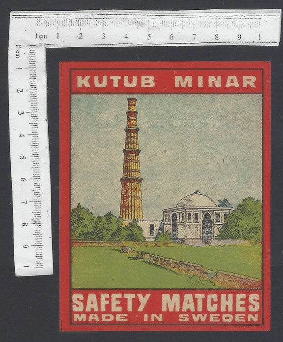 AOP India vintage packet size label Kutub Minar Made in Sweden