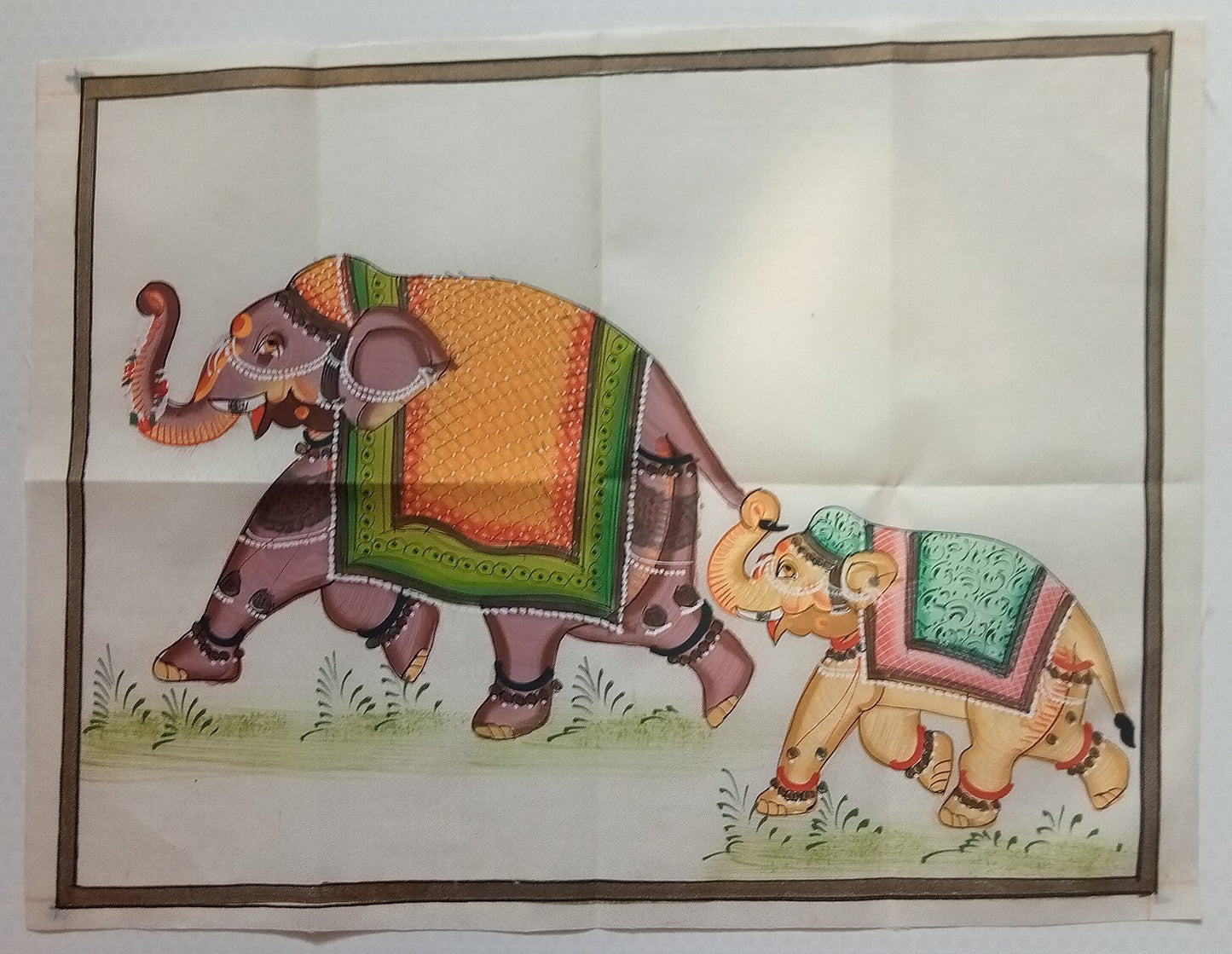 India vintage hand painting on cloth BABY ELEPHANT & MOTHER 9 x 12 inches