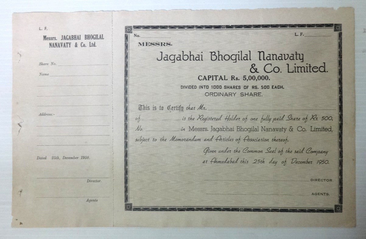 India 1950 Jagabhai Bhogilal Nanavaty share certificate UNUSED
