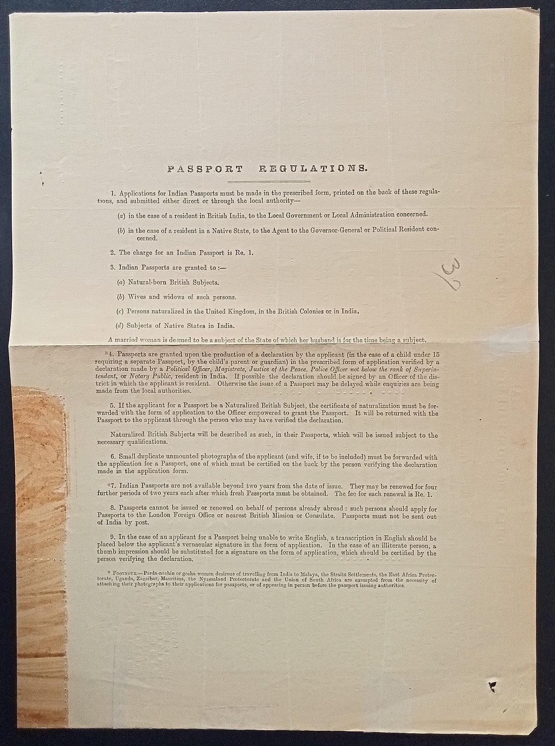 India 1929 travel document Application form unused
