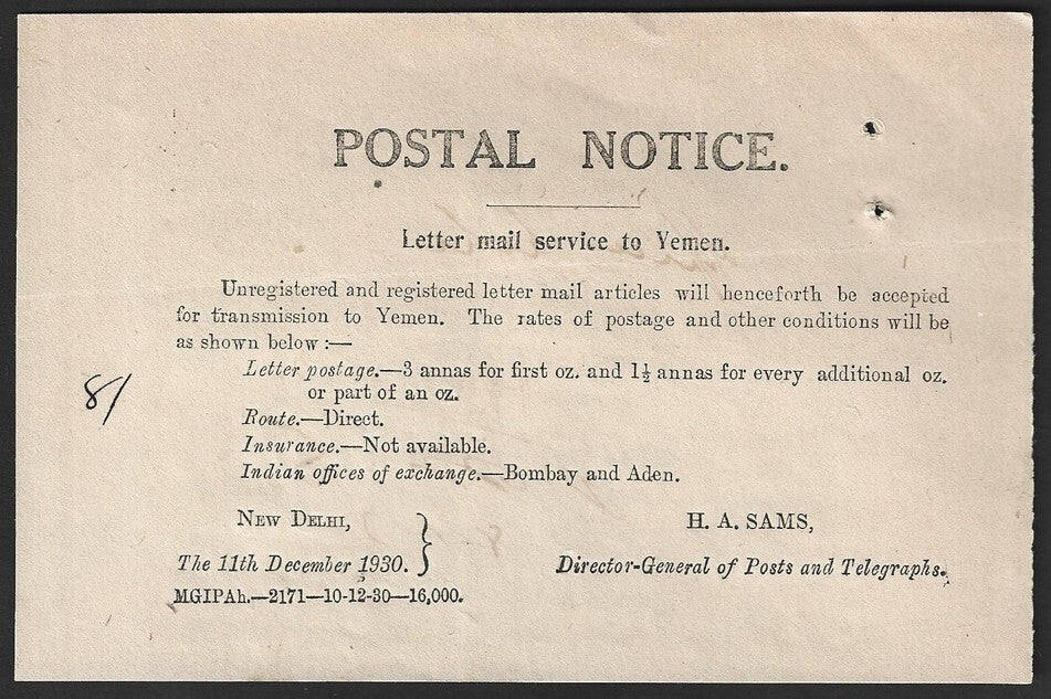 India POSTAL NOTICE 11th Dec. 1930 Letter Mail Service to Yemen